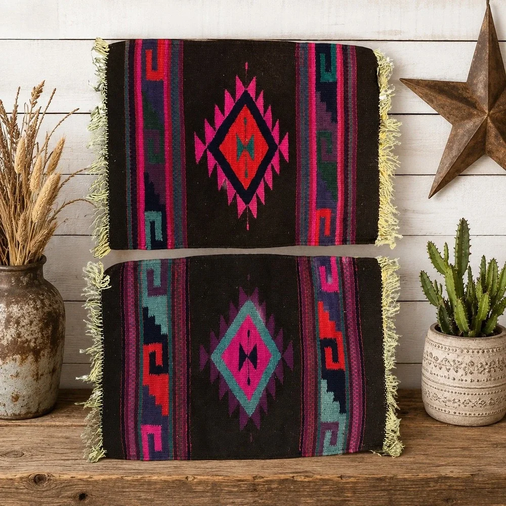 Vintage Southwestern Woven Wool Placemats Set of 2 Geometric Diamond Brown Pink